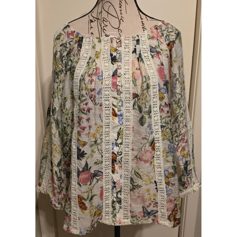 Figueroa & Flower Womens XL Floral Butterfly Crochet Lace Blouse Boho Feminine